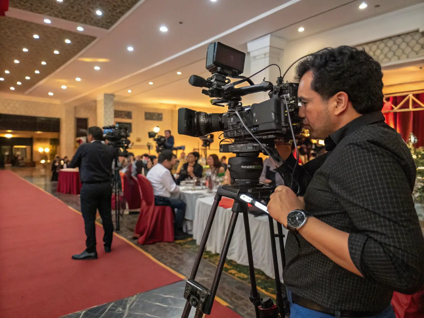 A behind-the-scenes shot of a production team capturing footage of a traditional ceremony, highlighting the meticulous process of creating immersive experiences.